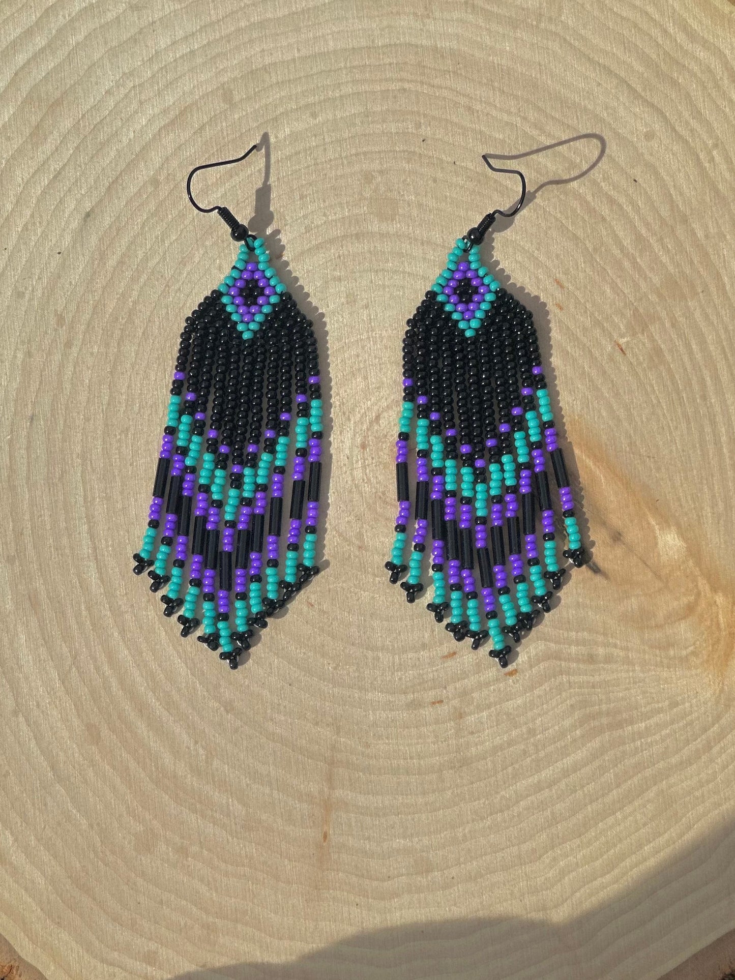 Turquoise and purple beaded fringe earrings